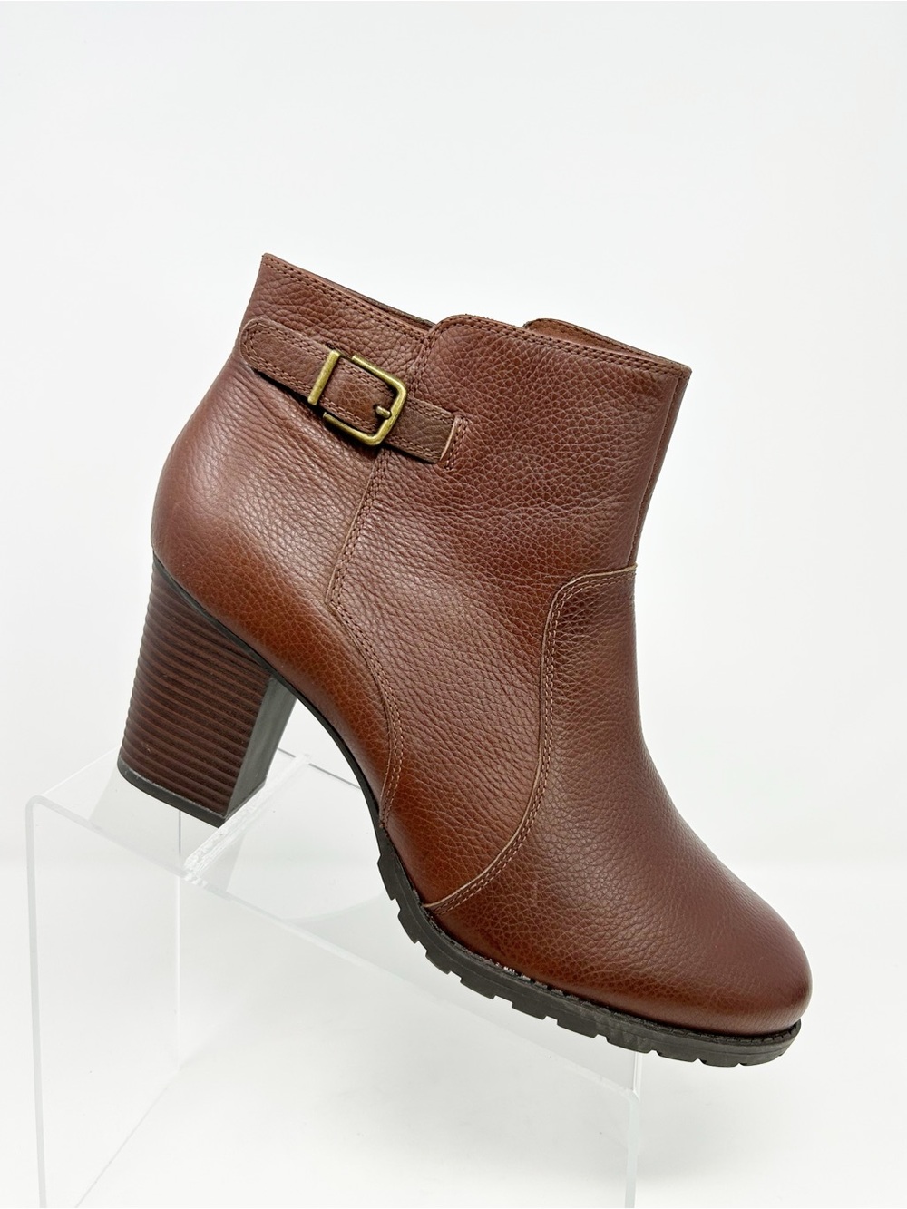 Clarks Verona Gleam Brown Ankle Booties Block Heel Side Zip Buckle Size 12